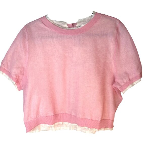 NWT ZARA Pink Medium Short Sleeve Linen Blend Dainty, Whimsical Top - Picture 2 of 16